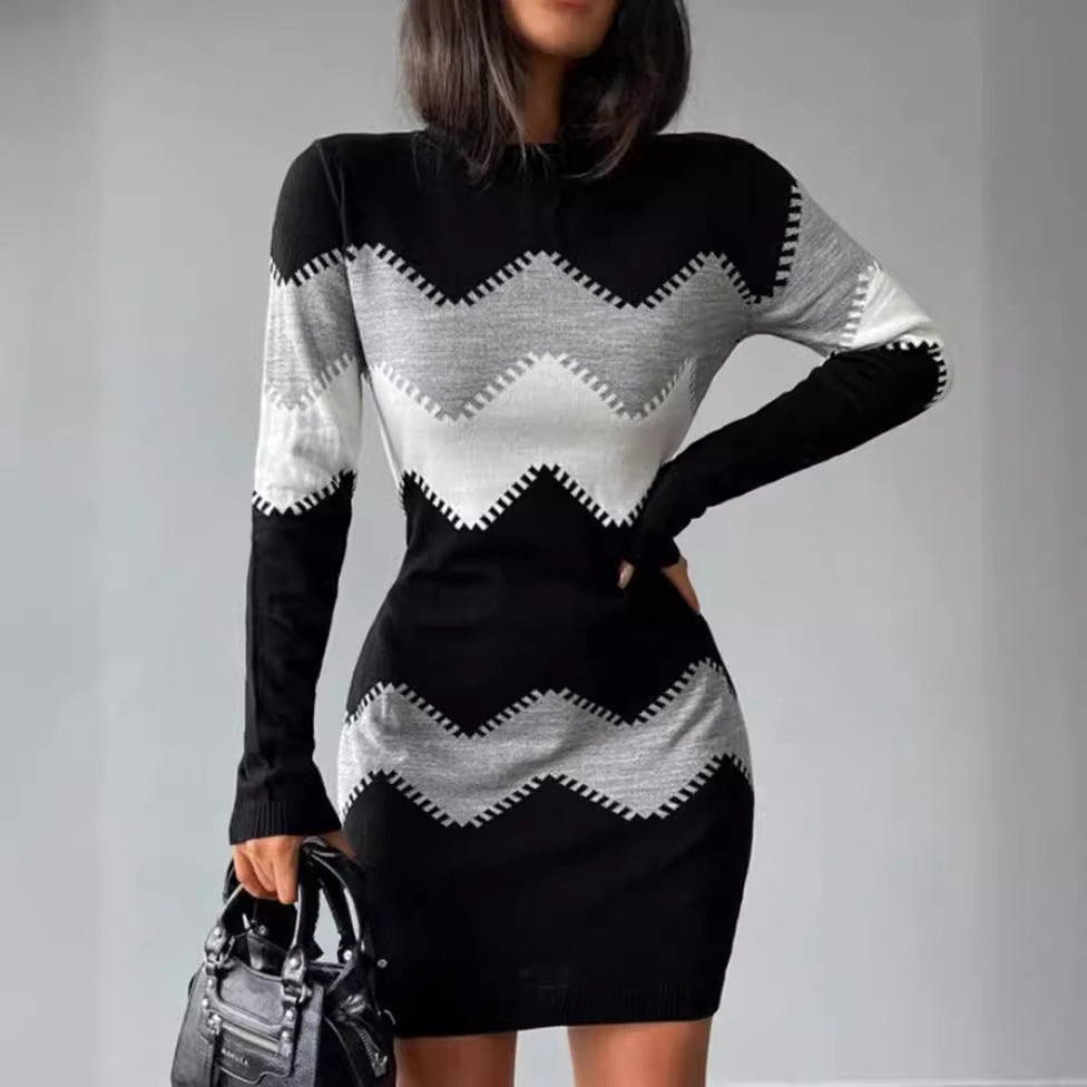 Women's long sleeve knit dress with chevron pattern, straight hem, and body-flattering fit Mune Fashion