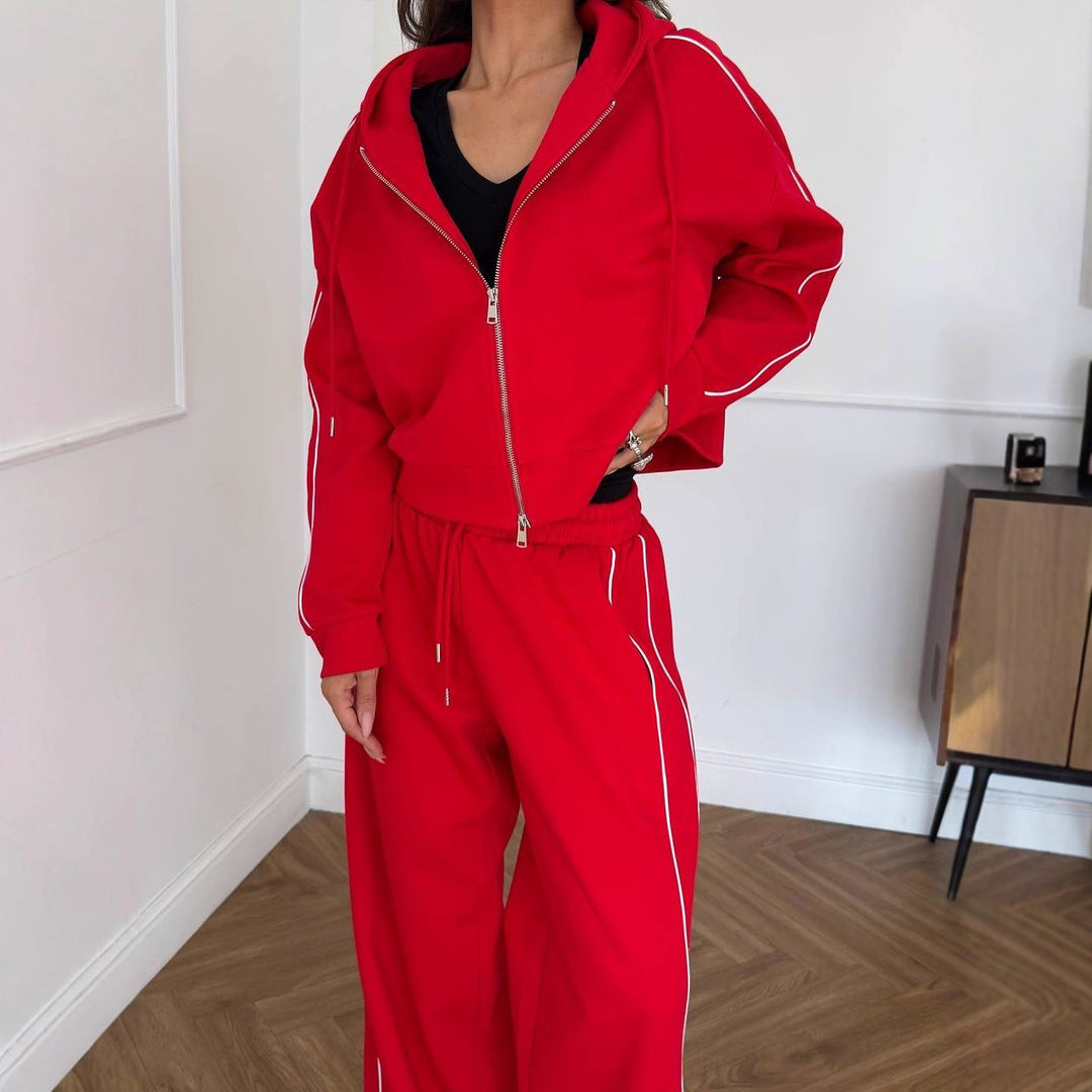 Women's Casual Two-Piece Lounge Set with Oversized Zip Jacket and Wide Drawstring Pants Waist Mune Fashion