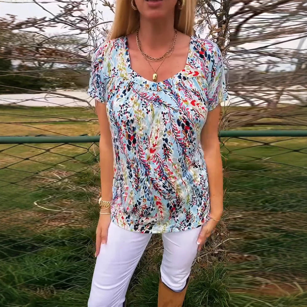 Women's lightweight floral round neck printed shirt with bust pleats and casual hip length Mune Fashion