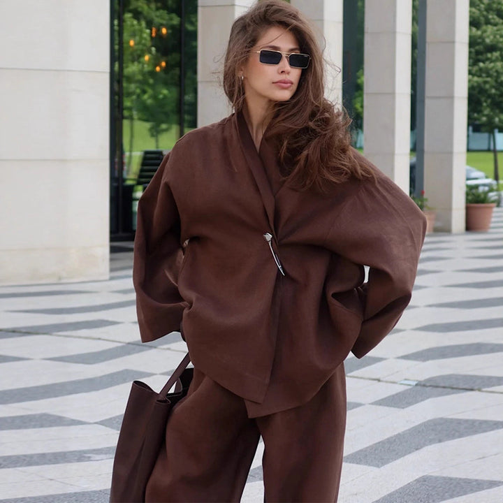 Women's Oversized Wrap Blazer with Safety Pin & Wide Suit Trousers Mune Fashion