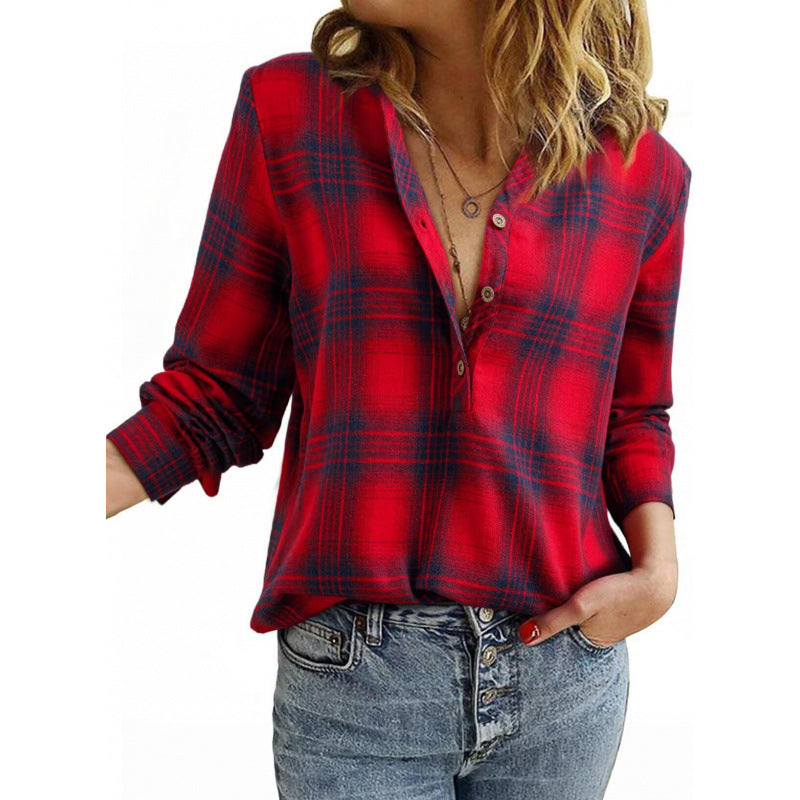 Women’s check blouse in oversized look with V-neck, button placket, and rounded hem Mune Fashion