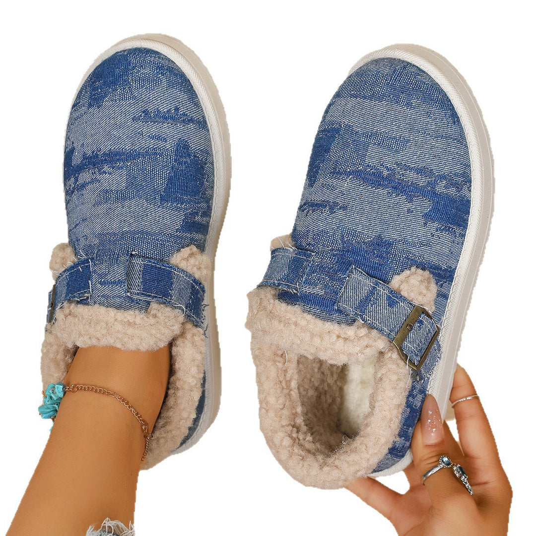 Women's Padded Denim Slip-On House Slippers with Teddy Lining and Adjustable Buckle Strap Mune Fashion