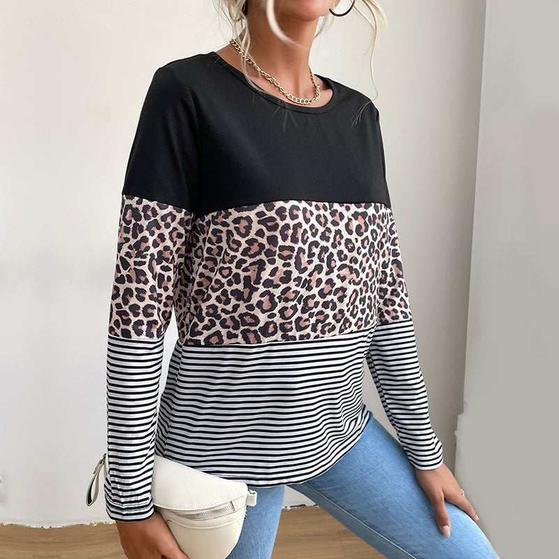 Women's Colorblock Long Sleeve Top with Leopard and Stripe Mix Mune Fashion