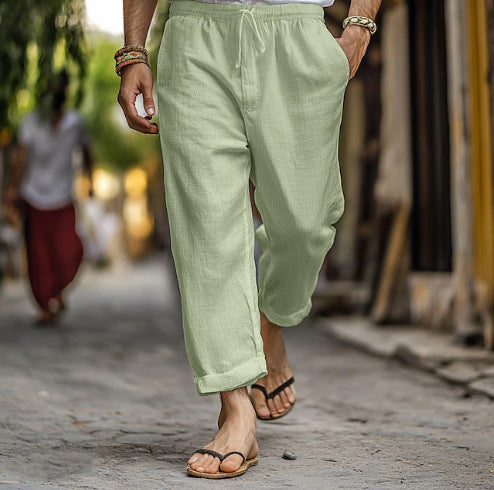 Men's casual linen jogger pants with elastic drawstring waistband, side pockets, and rollable hem Mune Fashion