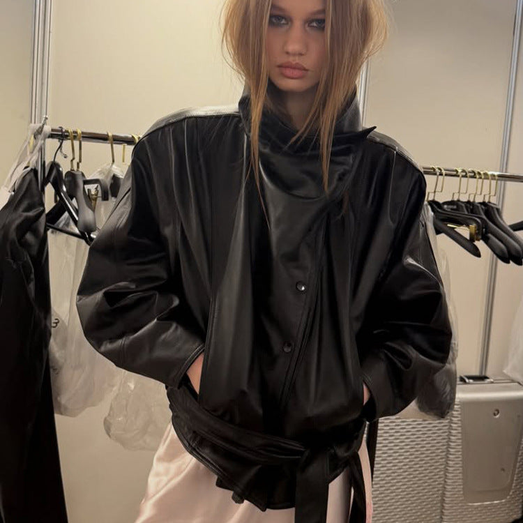 Ladies Oversize Faux Leather Bomber Jacket with High Standing Collar and Waist Belt Mune Fashion