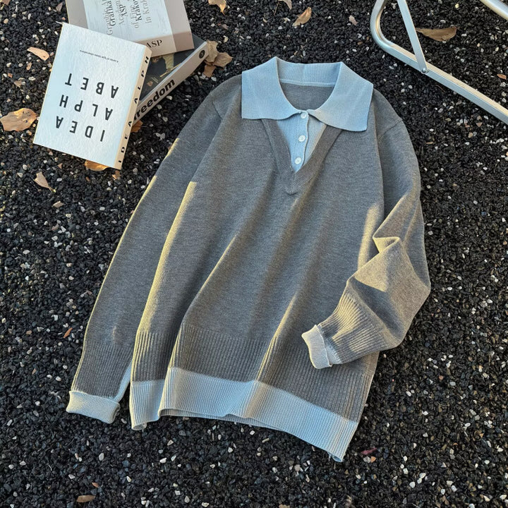 Women Oversized Polo Fine Knit Sweater with Contrast Collar and Ribbed Hem Mune Fashion