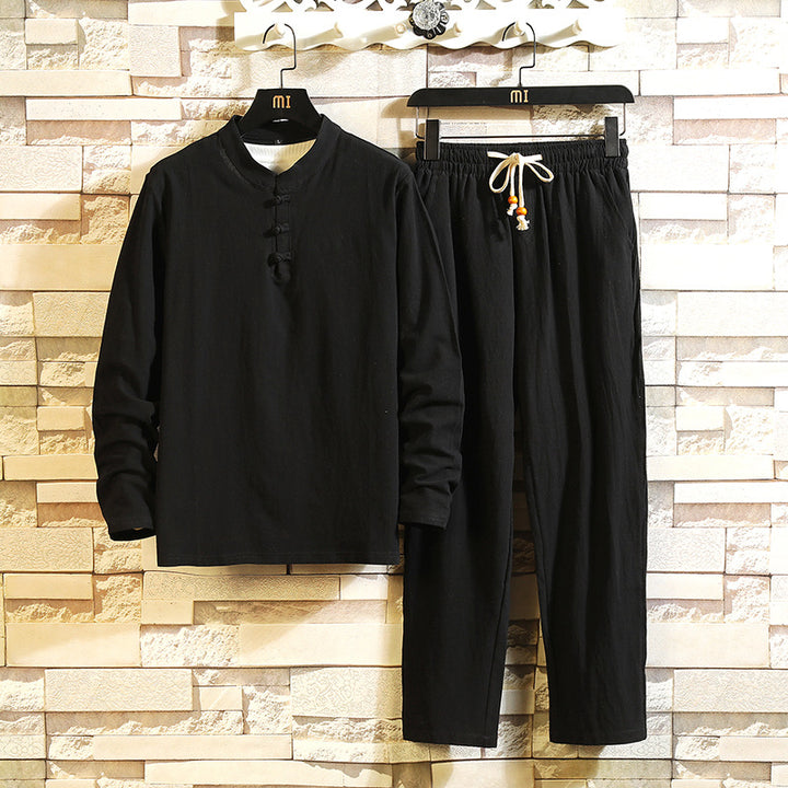 Men's relaxed cotton-linen two-piece with stand-up collar and drawstring Mune Fashion
