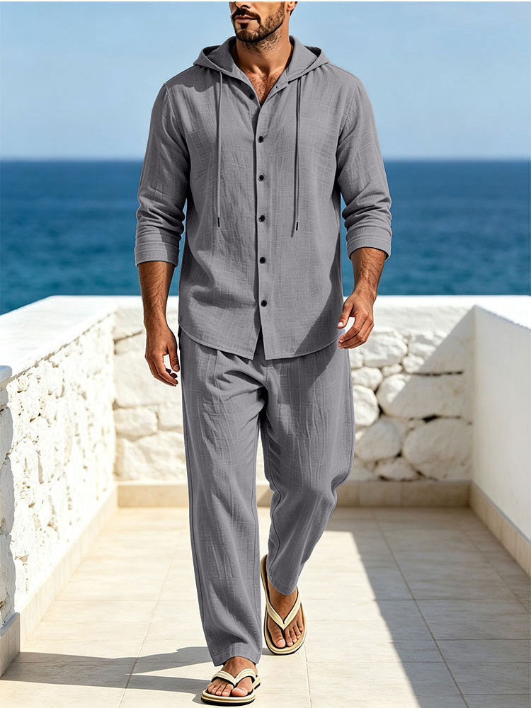 Men's Breathable Cotton Gauze Loungewear Set with Hooded Shirt and Loose Summer Pants Mune Fashion