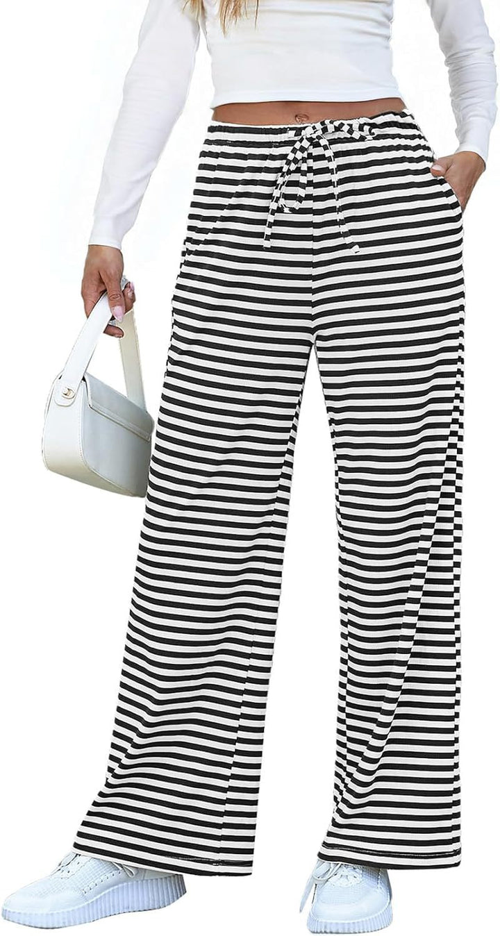 Ladies wide striped pants with elastic waistband and drawstring Mune Fashion