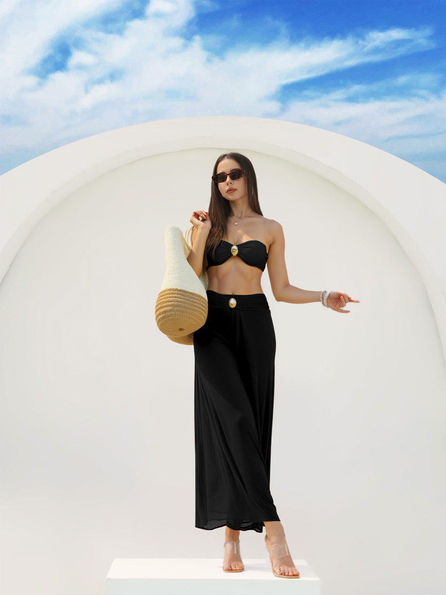 Women Bandeau Bikini with elegant wrap skirt and fashionable jewelry detail Mune Fashion
