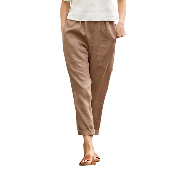 Women's light linen pants with elastic waistband, side pockets, and rolled hem Mune Fashion