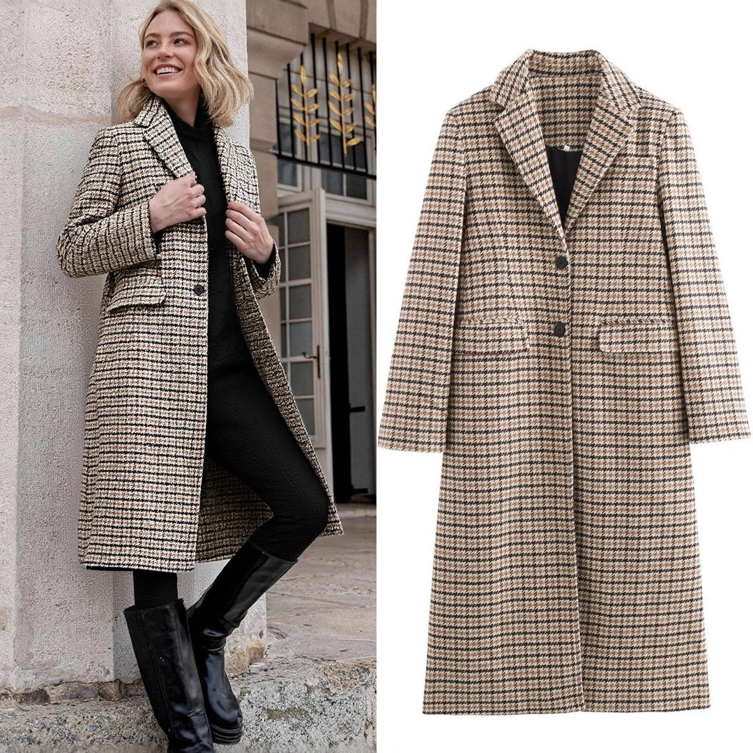 Women Long Houndstooth Coat with Lapel Collar, Two-Button Closure and Flap Pockets Mune Fashion