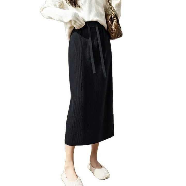 Ladies Elegant Ribbed Midi Skirt with Ties Mune Fashion