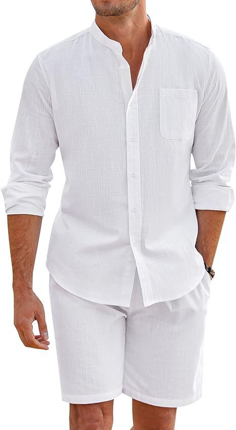 Men's linen-look two-piece set with stand-up collar shirt, chest pocket, and casual shorts Mune Fashion
