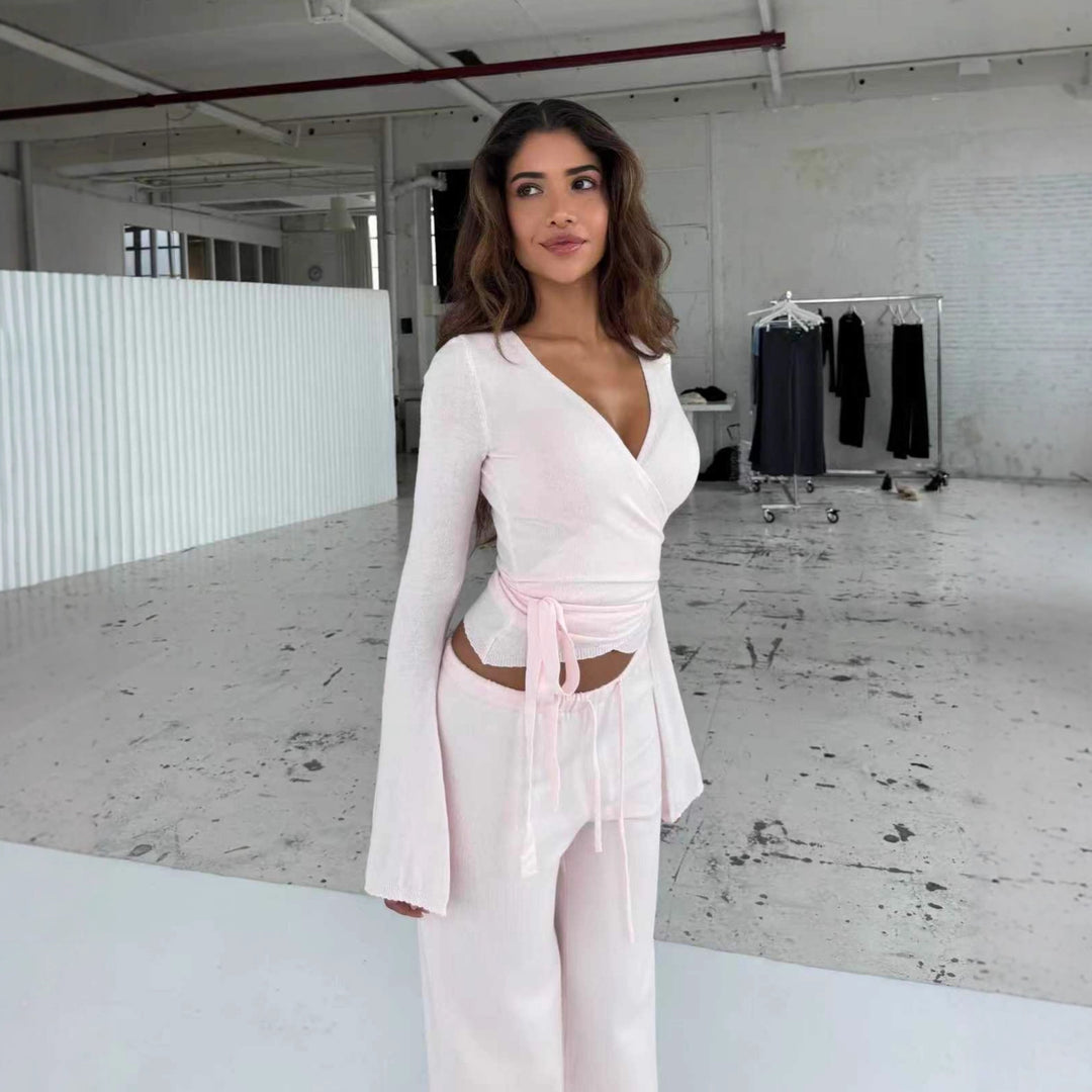Ladies' fine knit wrap set with deep V-neck, waist tie belt and wide comfort pants Mune Fashion