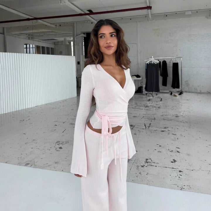 Ladies' fine knit wrap set with deep V-neck, waist tie belt and wide comfort pants Mune Fashion