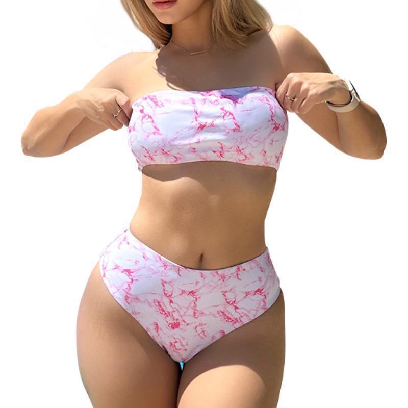 Women's Bandeau Bikini Set with High Leg Cut and Marbled Design Mune Fashion