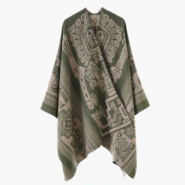Women's Oversize Jacquard Wrap Cape with Geometric Aztec Pattern Mune Fashion