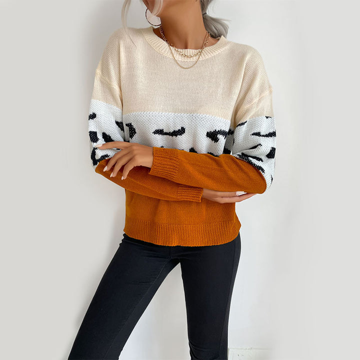 Women's Boxy Knit Sweater in Colorblock Leopard Mix with Round Neck and Ribbed Sleeves