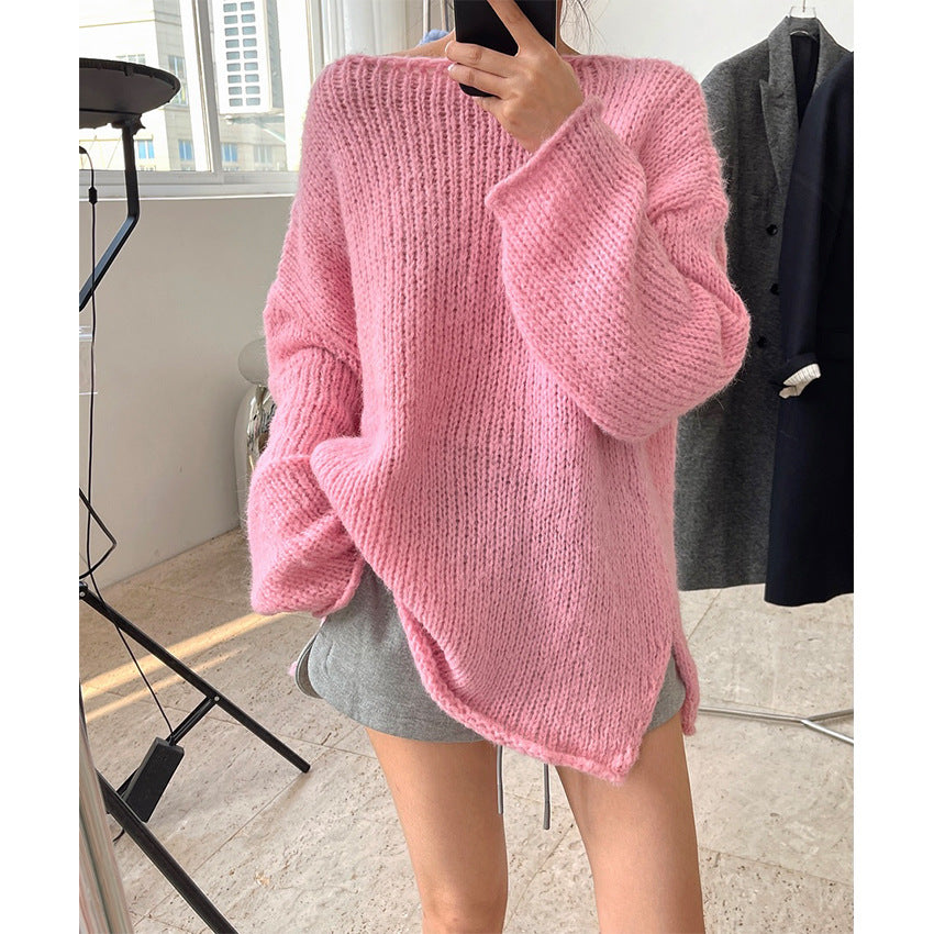 Ladies chunky knit oversized sweater with crew neck and extended hem Mune Fashion
