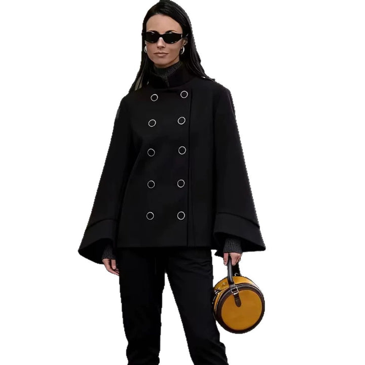 Women Short Cut Double Breasted Jacket with Stand-Up Collar, Eyelet Detail and Wide Cuffs Mune Fashion