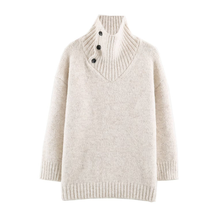 Women's Oversized Knit Sweater with High Ribbed Collar, Button Detail and V-Neck Mune Fashion