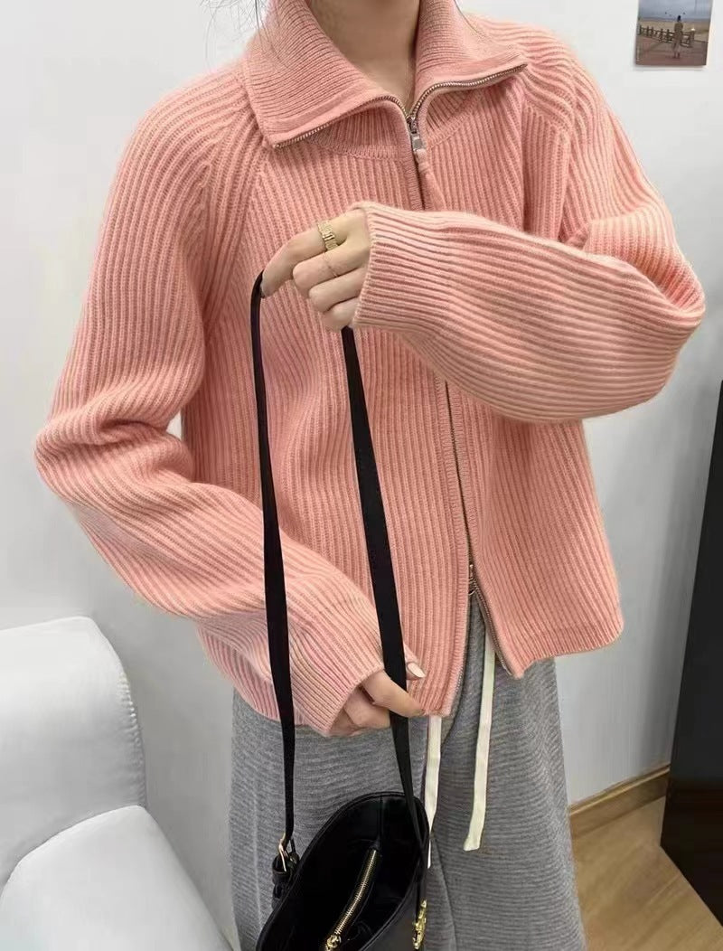 Women's Oversized Cardigan with Zipper, Stand-up Collar and Ribbed Structure Mune Fashion
