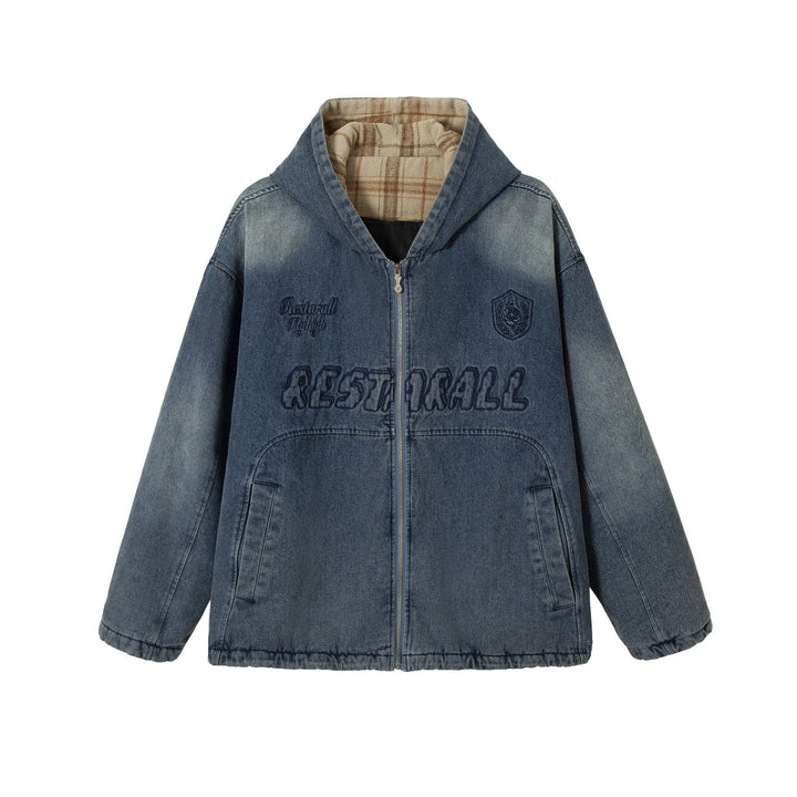 Men's Washed-Denim Hoodie in Oversized Look with Checked Lined Hood Mune Fashion