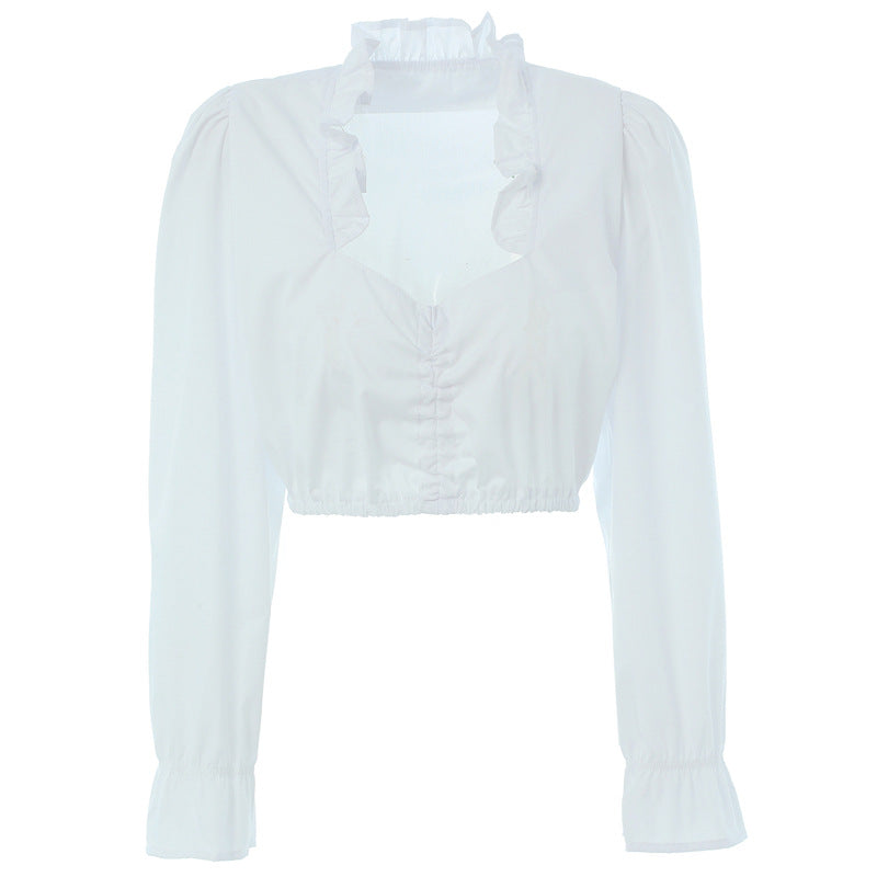 Women's Ruffled Crop Blouse with V-Neck, Gathered Front and Elastic Hem Mune Fashion