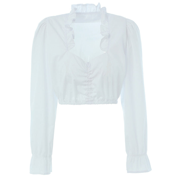 Women's Ruffled Crop Blouse with V-Neck, Gathered Front and Elastic Hem Mune Fashion