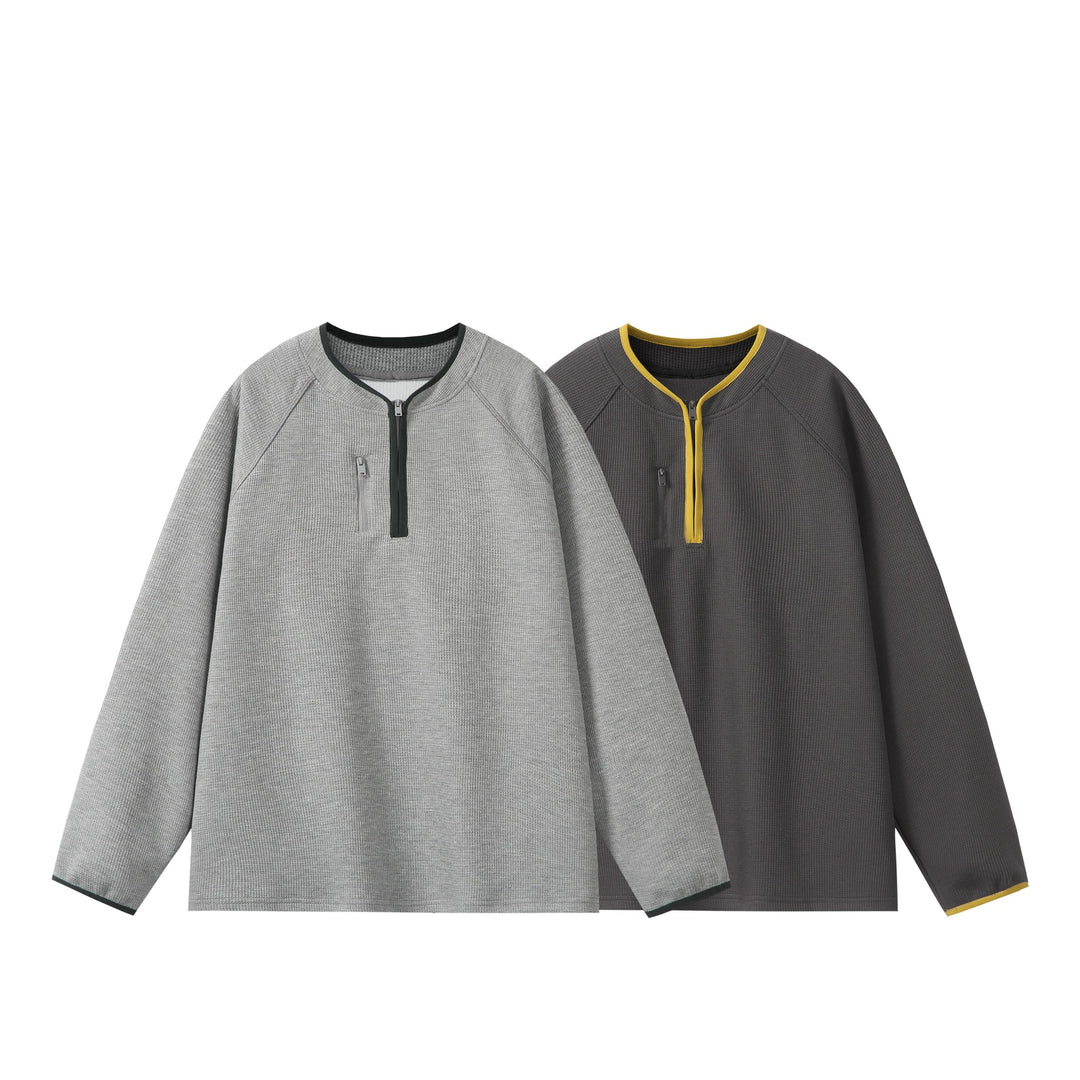 Unisex Relaxed-Fit Waffle Knit Half Zip with Concealed Chest Pocket and Raglan Sleeves Mune Fashion
