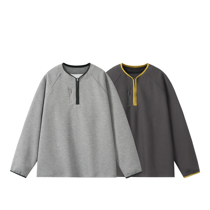Unisex Relaxed-Fit Waffle Knit Half Zip with Concealed Chest Pocket and Raglan Sleeves Mune Fashion