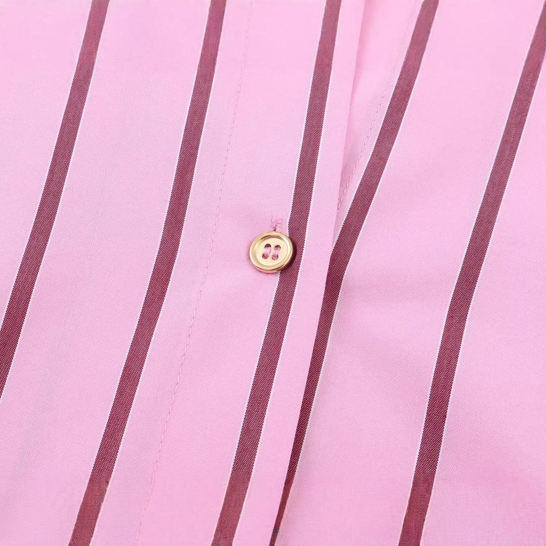 Ladies Oversized Shirt Blouse with Contrast Collar, Cuffs and Vertical Stripe Pattern Mune Fashion