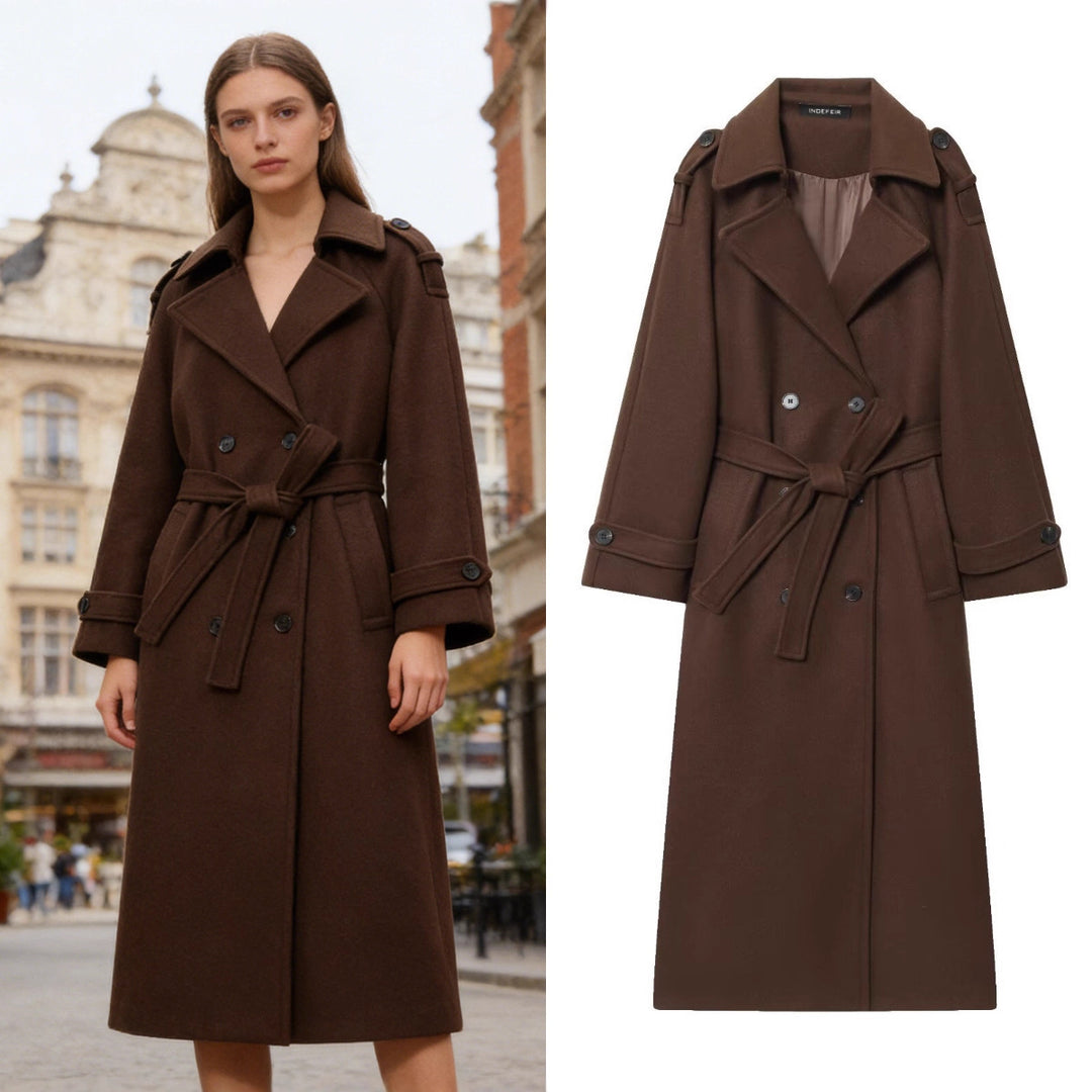 Women's Long Double-Breasted Wool Coat with Waist Belt and Epaulettes Mune Fashion