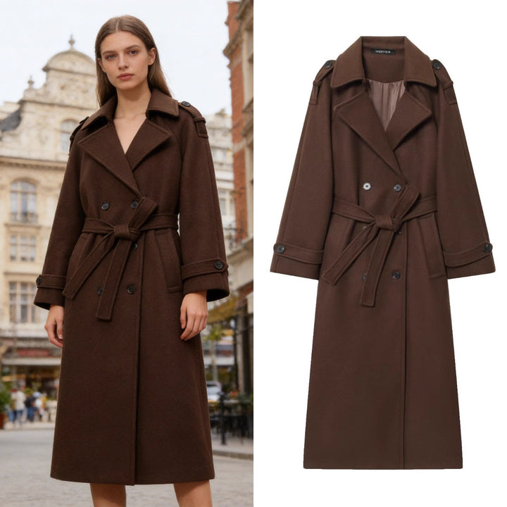 Women's Long Double-Breasted Wool Coat with Waist Belt and Epaulettes Mune Fashion