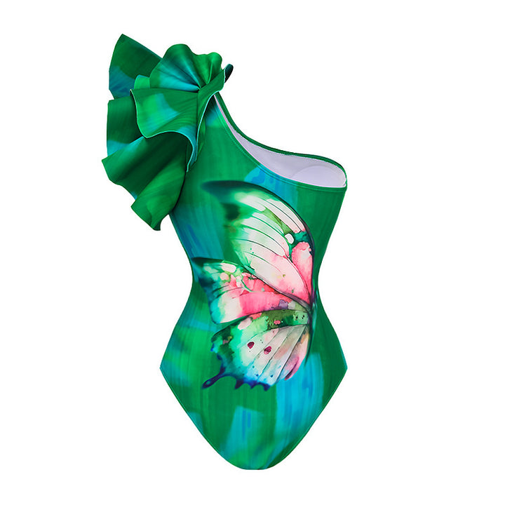 Women One-Sided Swimsuit with Artistic Butterfly Motif and Ruffles Mune Fashion