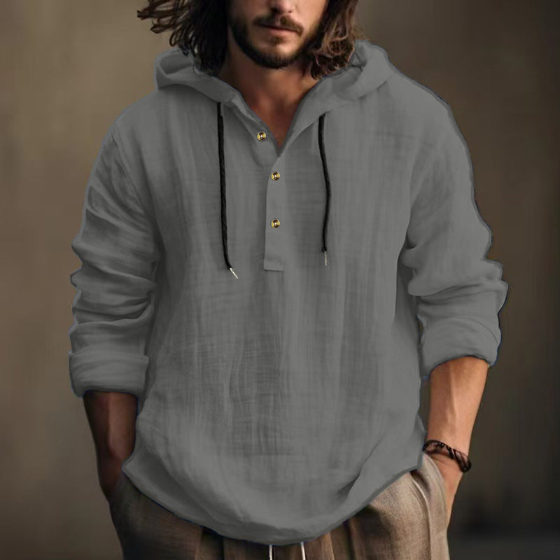 Men's lightweight hooded Henley linen shirt with button placket and drawstring Mune Fashion