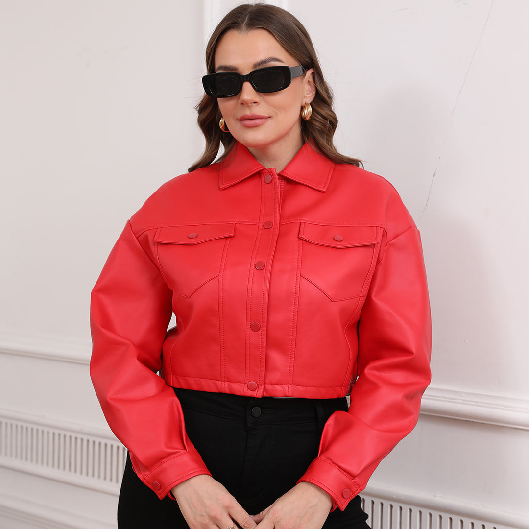 Women nan short oversized faux leather jacket in trucker style with flap pockets and concealed snap button placket Mune Fashion