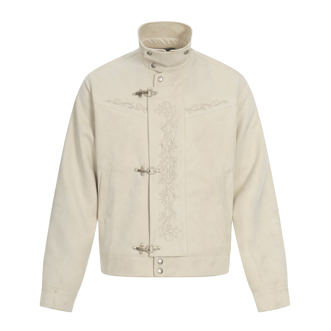 Men's short-cut suede leather blouson with stand-up collar, decorative embroidery, and toggle closure Mune Fashion