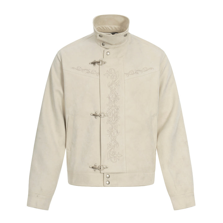 Men's short-cut suede leather blouson with stand-up collar, decorative embroidery, and toggle closure Mune Fashion
