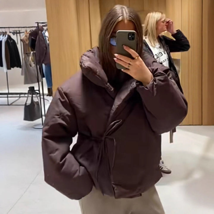 Women Short Padded Oversized Puffer Jacket with Hood and Tie Belt Mune Fashion