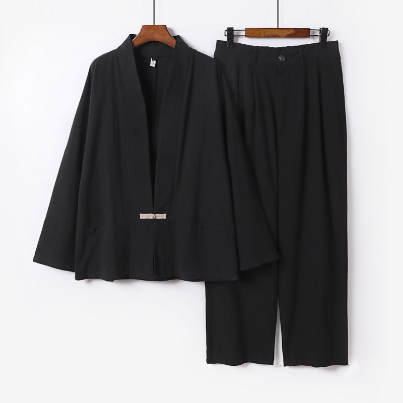 Women's Kimono Lounge Set made of lightweight viscose-linen with decorative toggle closure and wide waistband pants Mune Fashion