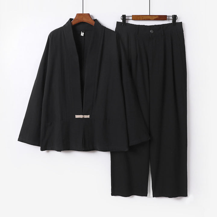Women's Kimono Lounge Set made of lightweight viscose-linen with decorative toggle closure and wide waistband pants Mune Fashion