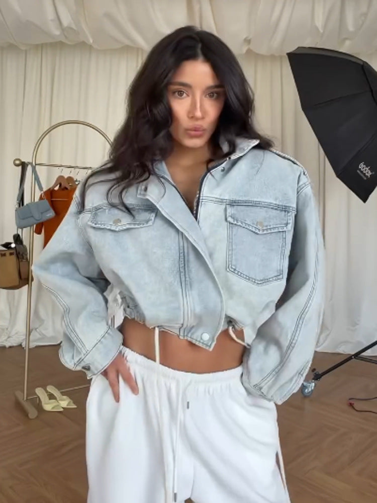 Women's Cropped Denim Jacket with Drawstring, Boxy Oversized Silhouette & Flap Pockets Mune Fashion