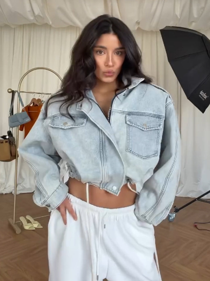 Women's Cropped Denim Jacket with Drawstring, Boxy Oversized Silhouette & Flap Pockets Mune Fashion