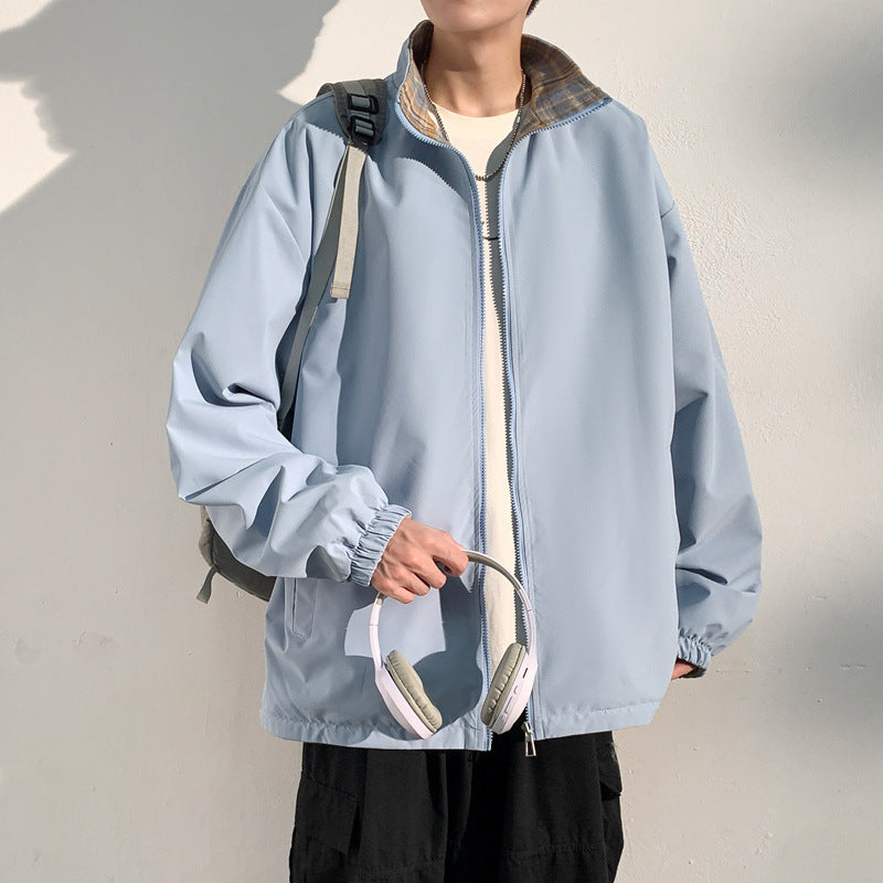 Men's Oversize Utility Transition Jacket with Zipper and Contrasting Checkered Inner Collar Mune Fashion