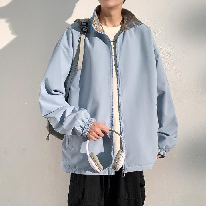 Men's Oversize Utility Transition Jacket with Zipper and Contrasting Checkered Inner Collar Mune Fashion
