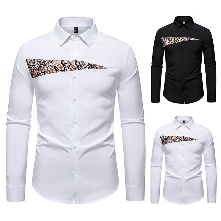 Men's Slim-Fit Business Shirt with Paisley Chest Insert and Kent Collar Mune Fashion