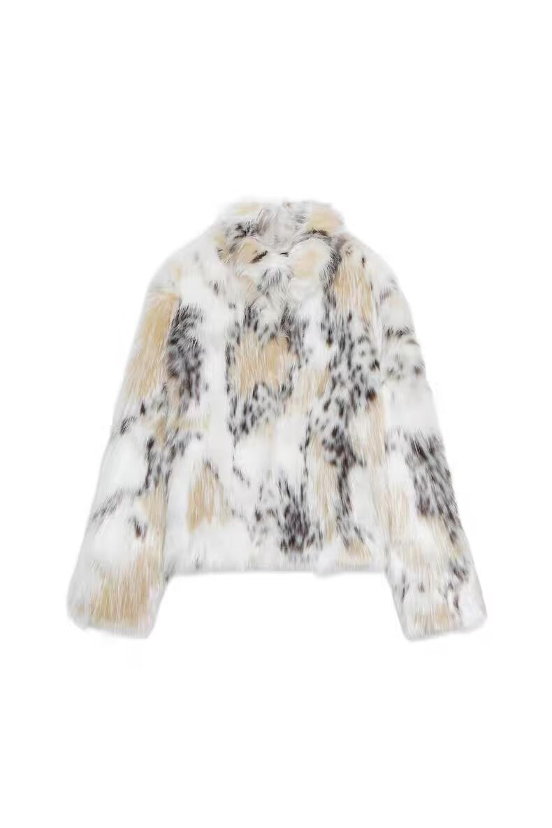 Women's Cropped Faux Fur Jacket with Multicolored Spot Design and Stand Collar Mune Fashion