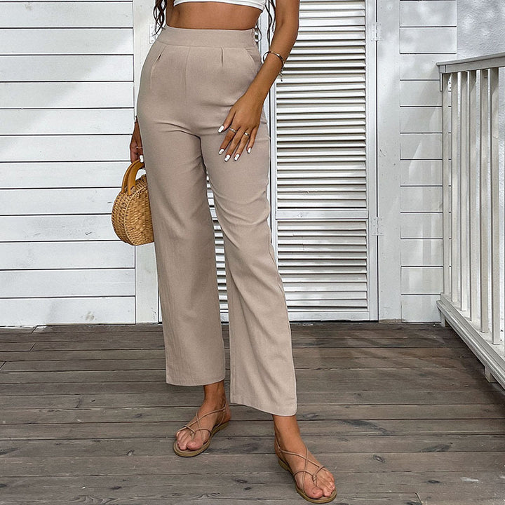 Women's Lightweight Linen Look Trousers with High Waist and Straight Leg Mune Fashion